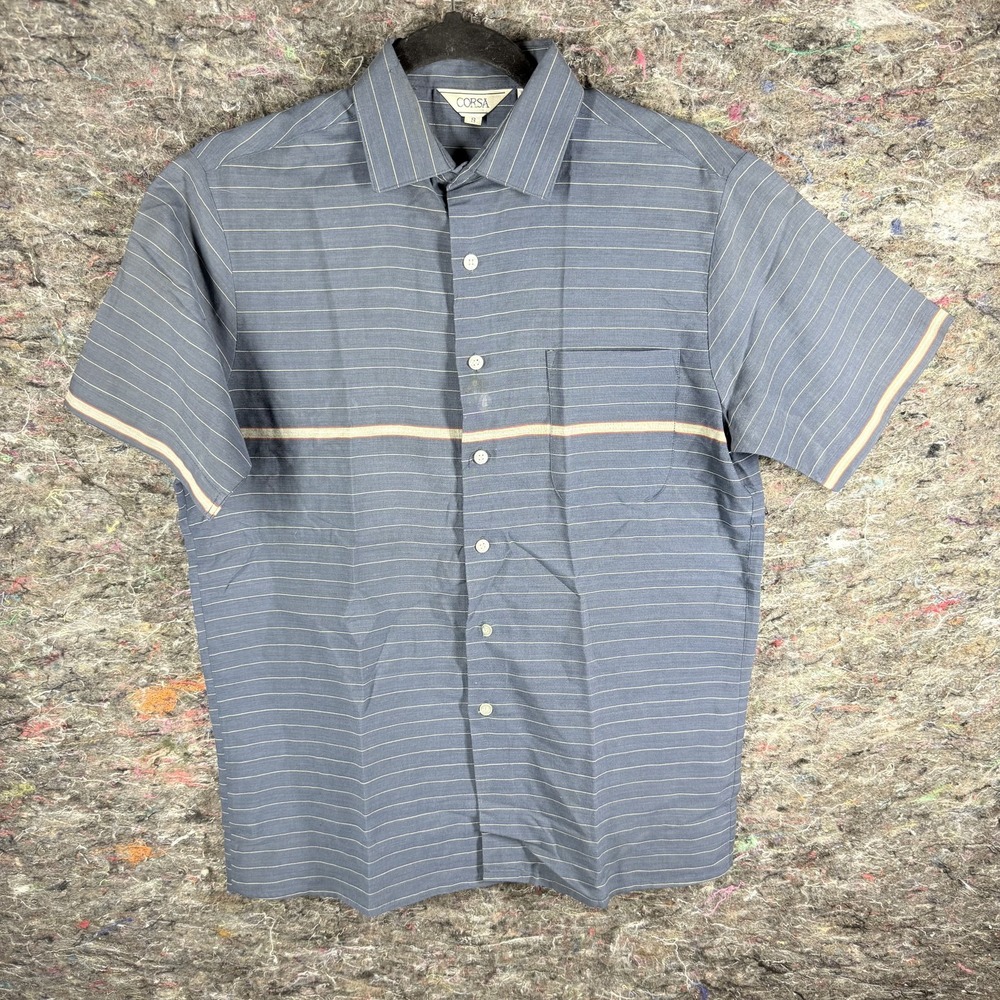 Corsa Shirt Mens Small Blue Striped Short Sleeve Button Up Pocket Korea‎ 90s